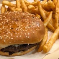 Prime Angus Beef (1/2 Lb) · Served with lettuce, tomatoes, cheese and grilled onions optional, canned pop and french fri...