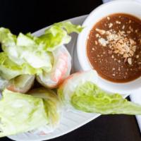 Fresh Veggie Spring Rolls · Vegetarian. Two pieces. Fresh lettuce, noodles, mint leaves, tofu and avocado.