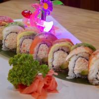 Rainbow Roll · Crab, avocado topped with an assortment of fish