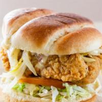 Bbq  Chicken Sandwich · 2 Tenders crispy chicken  tossed in BBQ sauce, served with lettuce, tomato & mayo