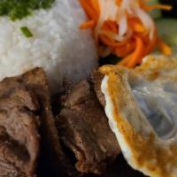 Rice With Grilled Protein · Your choice of marinated pork, beef, chicken, or crispy tofu plated with white rice, pickled...