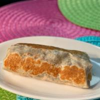 Ground Beef Burrito · Includes a spread of refried beans, lettuce, tomato, cheese, and sour cream.