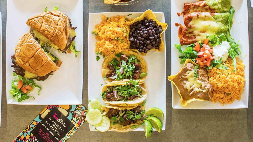 Maya Plate Tacos · Three tacos served with rice and your choice of beans. Choose your favorite house meat. All tacos are topped with cilantro and onions.
