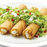 Tacos Fritos/Flautas · Four rolled deep fried tortillas stuffed with chicken  and topped with fresh chopped lettuce...
