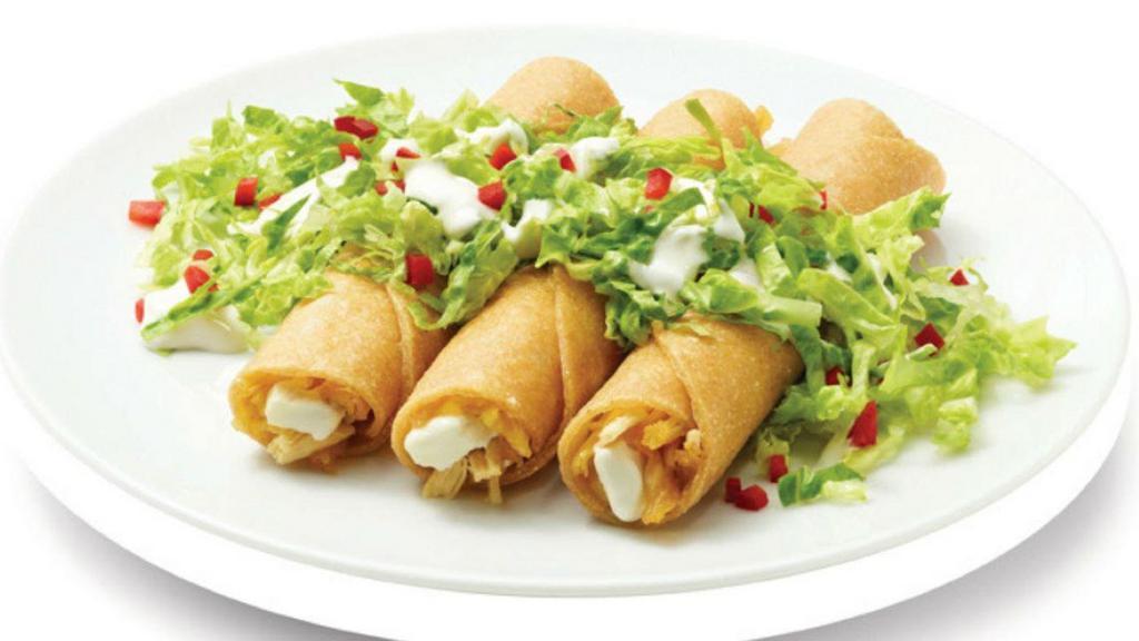 Tacos Fritos · Four rolled deep fried tortillas stuffed with chicken topped with fresh chopped lettuce, sour cream and queso fresco. Avocado salsa on the side.