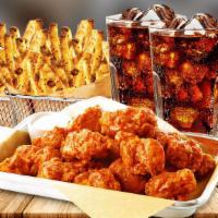 Boneless Wings Party Platter Combo · 20 wings served with two basket fries and 2 drinks. Seasoned to perfection, handspun wings w...