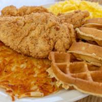 Chicken & Waffles · Two hand battered golden fried chicken strips served with a Belgian waffle.