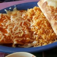 Two Cheese Enchiladas, Chicken Quesadilla And Rice · Enchilada: Corn tortilla folded round and filled with cheese. Topped with cheese and sauce. ...