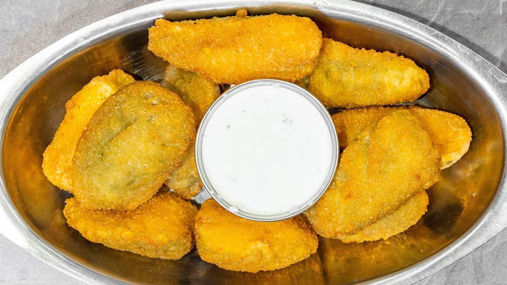Jalapeno Poppers · Stuffed with cheddar cheese and breaded. Served with cooling ranch or blue cheese dressing