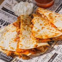 Quesadillas  · Chicken or steak quesadillas, Mexican blend of cheese, Saute'd onions, fresh mushroom, and g...