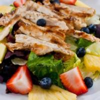 Chicken Summer Salad · Boneless chicken breast on top of fresh strawberries, blueberries, pineapple, and romaine le...