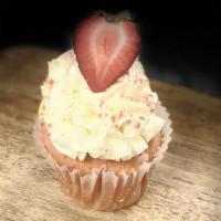 Strawberry Shortcake Cupcake · Strawberry Cupcake filled with strawberry jam
Topped with buttercream and shortcake crumble