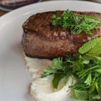Steak & Frites · Prime 8 oz Filet / Garlic / Peppercorn Fries / Herb Salad