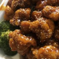 Sesame Chicken · White meat deeply fried chicken with tasty sesame seed sauce. served with white rice or frie...