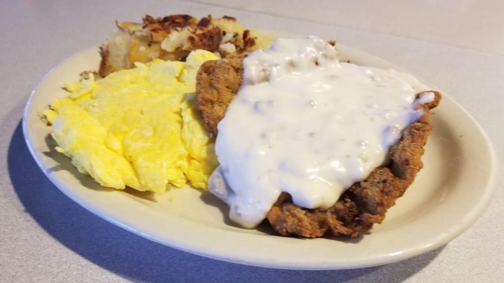 Country Fried Steak And Two Eggs · Our delicious country fried steak, covered in sausage gravy, with two eggs, any style.