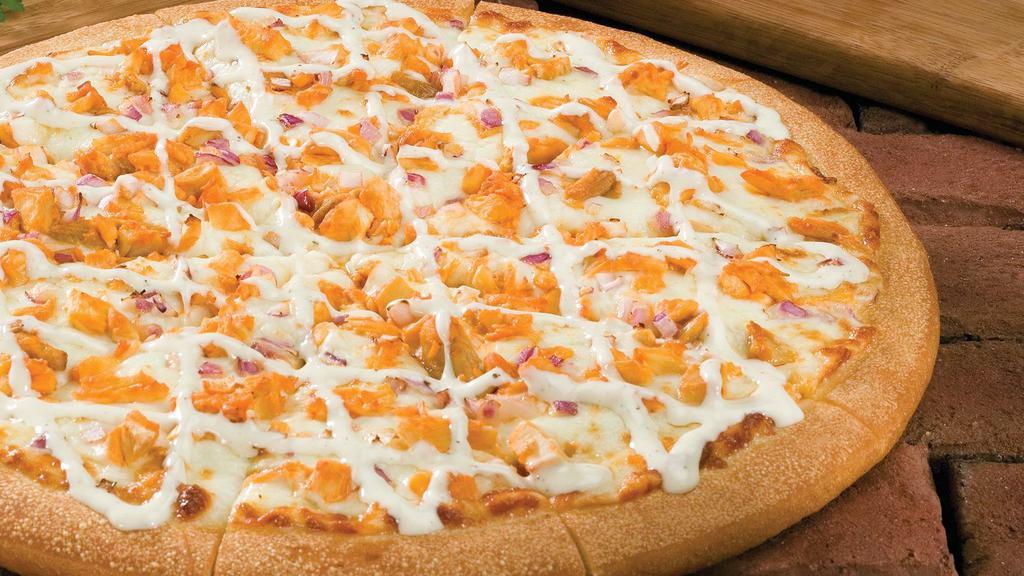 Buffalo Chicken - Large · Spicy buffalo sauce, boneless grilled buffalo chicken strips, red onions, mozzarella cheese.  Topped with creamy ranch drizzle   240310cal per slice