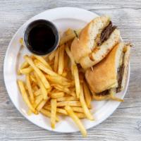 French Dip · Sliced roast beef, topped with sautéed onions and swiss cheese, served on a toasted ciabatta...