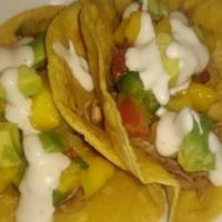 Jackfruit Soft Tacos (3) · Topped with Mango Mucho Salsa