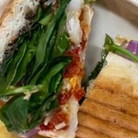 Mediterranean Panini · Sautéed peppers, onions, mushrooms, sundried tomatoes, spinach, melted provolone, garlic may...