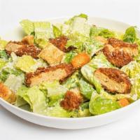 Crispy Chick’N Caesar Salad · Fresh chopped romaine lettuce, parmesan cheese, croutons and crispy plant-based southern fri...