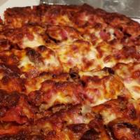 Pete'S All Meat Pizza · Sausage, pepperoni, ground beef, roast beef, ham, and bacon on Pete's Thin Crust!