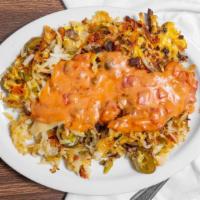 Diablo Hash · 2 scrambled eggs, hash browns, jalapenos, sausage, green pepper, onions, tomato and hot pepp...