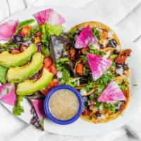 Vegan Taco Plate · 3 corn tortillas filled with your choice of vegan option, black beans, cilantro, radish, oni...