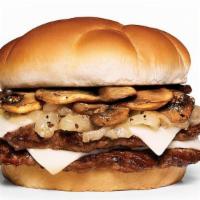 Double Mushroom Onion Melt · Two 100% U.S. Beef patties, two slices of swiss cheese and seasoned grilled mushrooms and on...