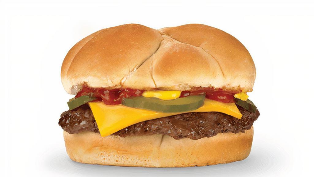 Cheeseburger · A sizzling 100% U.S. Beef patty and melty American cheese topped with ketchup, mustard, and pickles all on a lightly toasted bun.