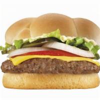 Deluxe Cheeseburger · 100% U.S. Beef patty served with cheese, dressing, lettuce, tomato, onions, and pickles.