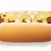 Coney Cheese Dog · An all-beef* hot dog, served with our signature meaty chili sauce, onions and cheese.