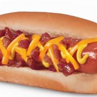Bacon Cheese Dog · All-beef hot dog, topped with bacon, cheese and onions