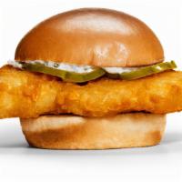Fish Sliders & Fries · 2 piece golden-fried cod filet, tartar sauce, and dill pickles on a soft potato bun served w...