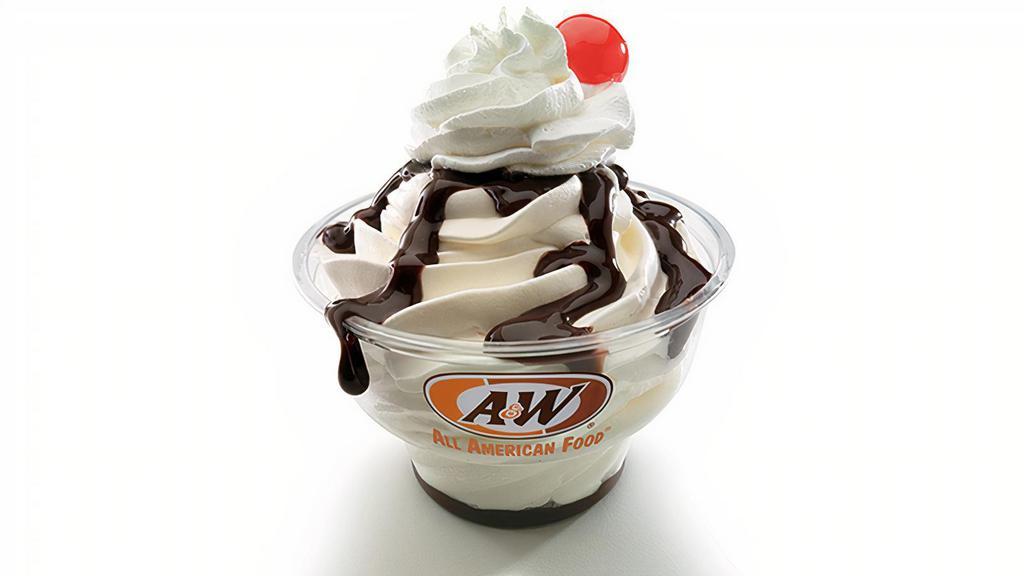 Sundae · Premium A&W® signature soft serve smothered in your choice of real strawberry topping, smooth hot caramel, classic hot fudge, or simply chocolate, then finished with whipped cream and a cherry on top.