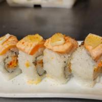 Crunchy Salmon Maki · Cream cheese, masago, salmon tempura. Seared salmon, lemon zest, & spicy herbs.