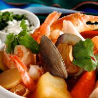Sopa Marinara · Seafood soup made with shrimp, crab legs, octopus, clams, and fish.