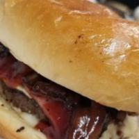 Bbq Burger · Hamburger, Sweet Baby Ray's BBQ sauce, smoked turkey bacon, Onion Rings, swiss cheese, and m...