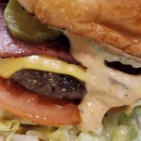 Bacon Cheese Burger · Smoked turkey bacon, lettuce, tomatoes, onions, pickles, and American cheese, signature home...