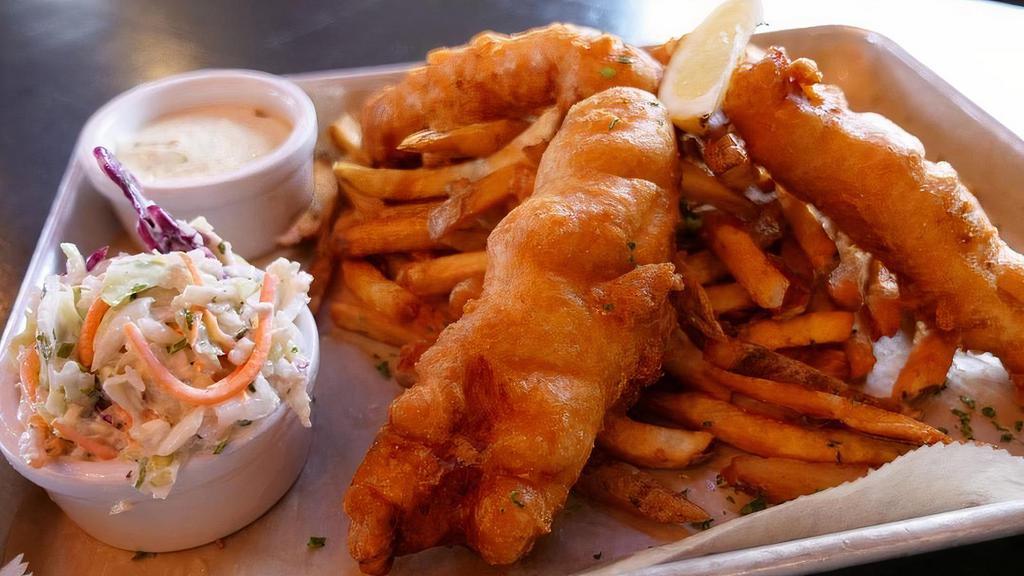 Fish & Chips · Three Cod cutlets hand breaded and fried to perfection. Served with our hand cut French fries and house made blue cheese coleslaw.