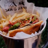 Thai California Dawg · Applewood bacon, thai chili sauce, sweet mustard, grilled bell peppers and onions, toasted g...
