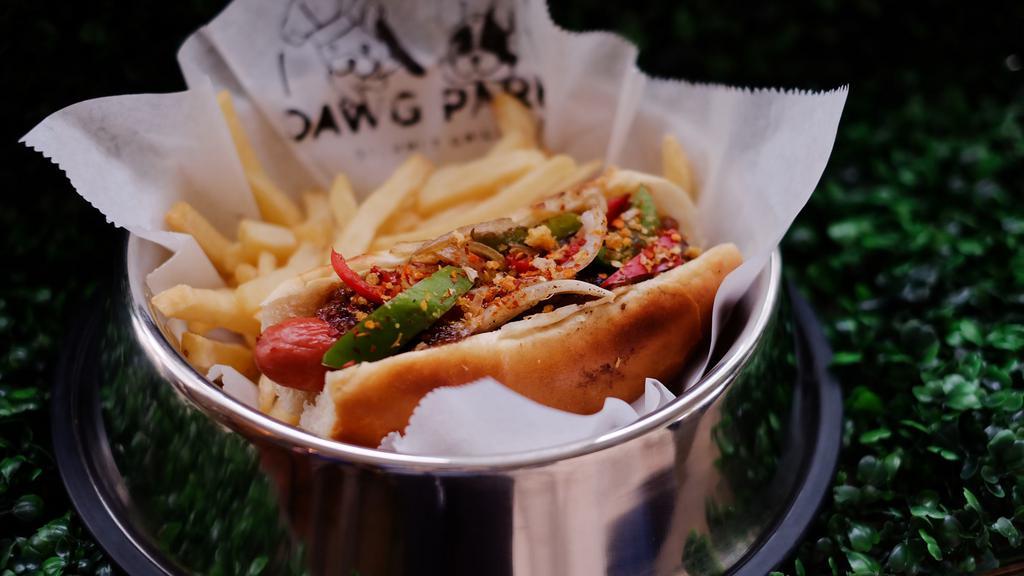 Thai California Dawg · Applewood bacon, thai chili sauce, sweet mustard, grilled bell peppers and onions, toasted garlic, spicy thai chili flakes and topped with garlic asiago cheese.