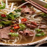 Pho (Except Seafood) · Rice noodles with slices of beef, meatballs, topped with bean sprouts, green onions, and cil...