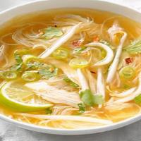 Clear Noodle Soup · Homemade noodles, chicken, topped with green onions and cilantro in a special broth.