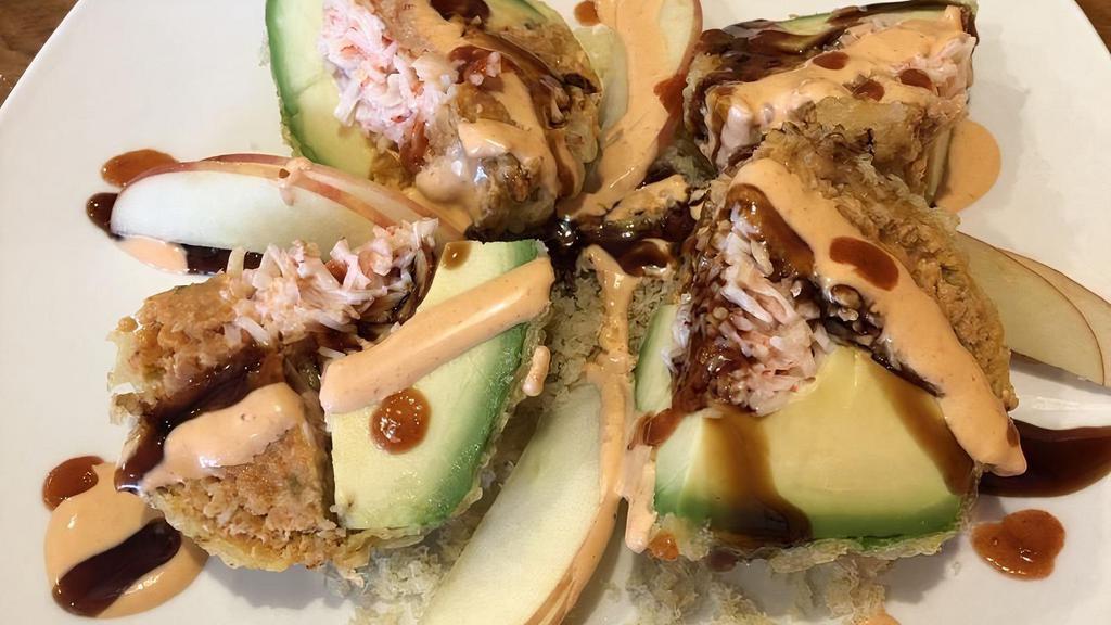 Avocado Boat · Spicy. Avocado stuffed with crab salad and spicy tuna. Deep-fried. Drizzled with eel sauce, spicy mayo.