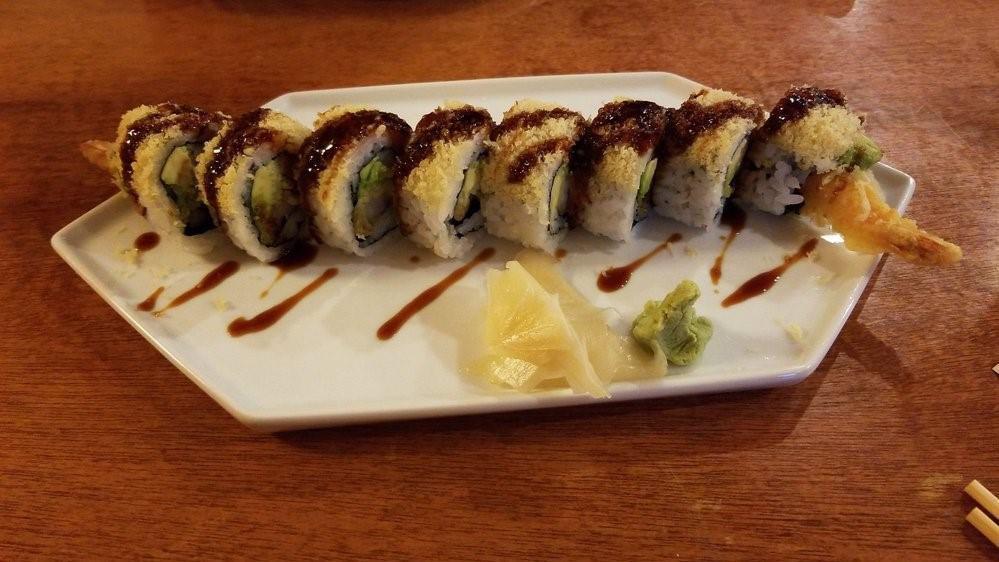 Crunch Roll · Fried shrimp, crab stick, avocado, cucumber topped with tempura flake. Drizzled with eel sauce.