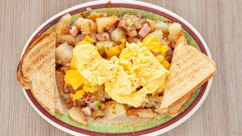 Bob'S Skillets · Grilled potatoes with onions and green peppers covered with cheese and topped with 2 eggs. With ham, bacon, or sausage.