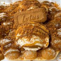 Lotus/Biscoff Bubble Waffle · Vanilla ice cream, biscoff cookies, caramel and biscoff sauce topped with a biscoff cookie