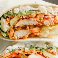 Buffalo Chicken Wrap · Crispy fried chicken tossed in buffalo sauce and rolled up with lettuce, mixed cheese, tomat...