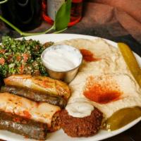 Combo · Served with hummus, baba ghanouj, tabouli, grape leaves, cabbage rolls, kebbe ball, falafel ...