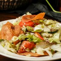 Large Fattoush · Iceberg and romaine lettuce tossed with cucumbers, tomatoes, onions, bell peppers, n&j pita ...